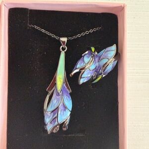 Pendant and ring set in blue , green and purple on a black color chain